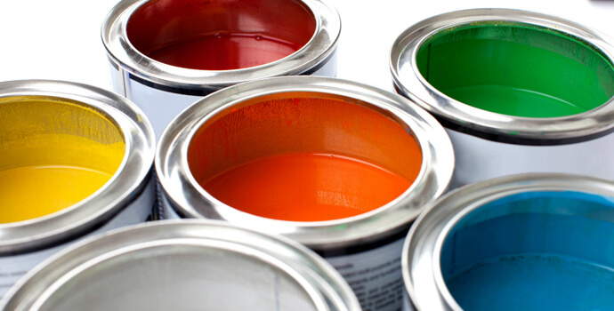 colourful buckets of paint for painting and decorating